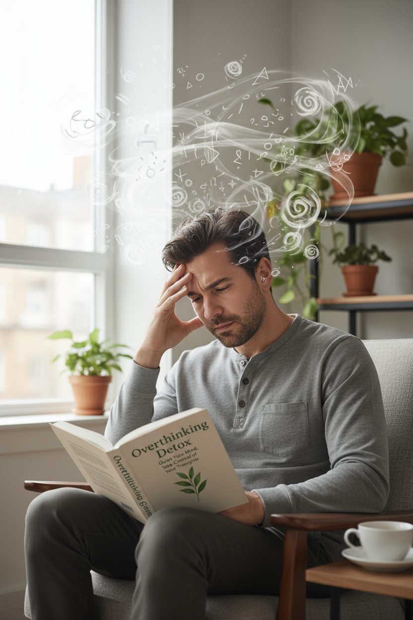 Man overthinking with Overthinking Detox book