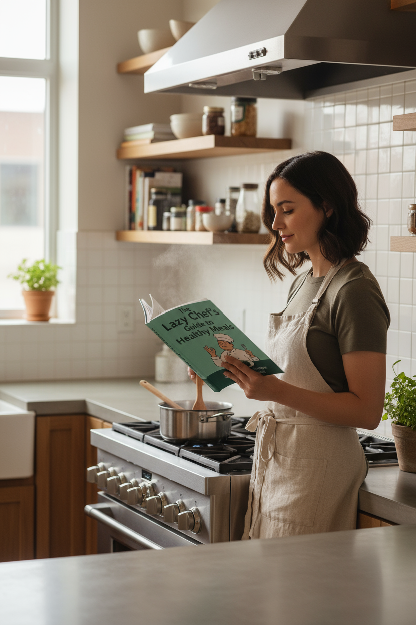 Woman cooking with The Lazy Chef's Guide to Healthy Meals